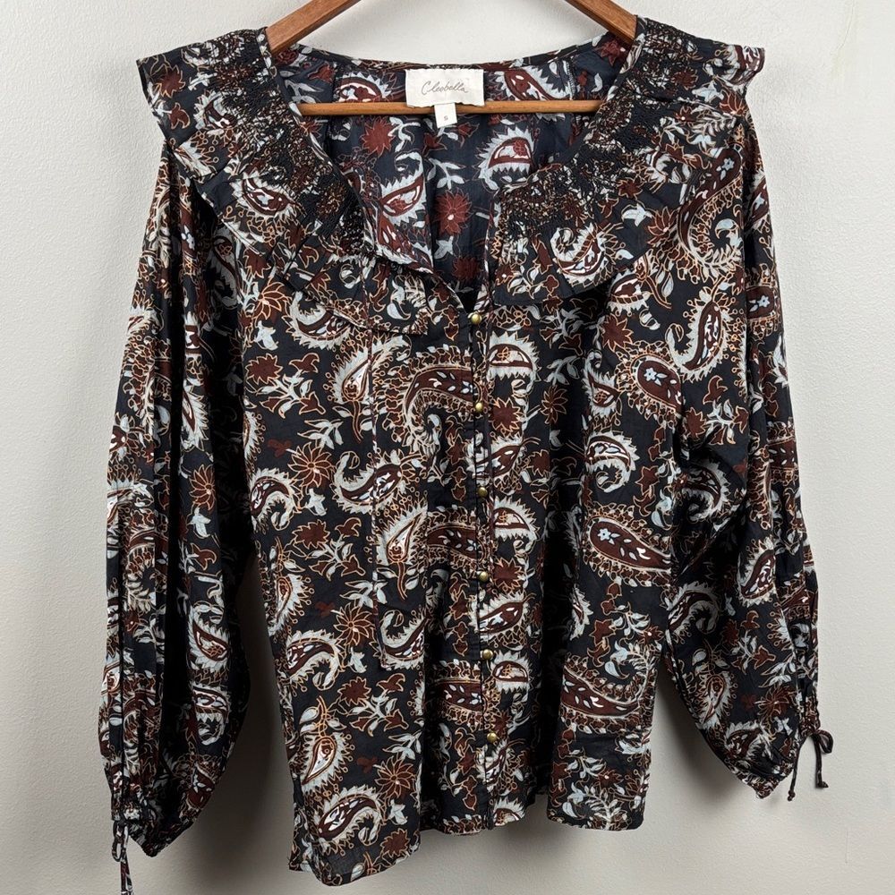 Cleobella Black and Brown Paisley Blouse small boho cinch